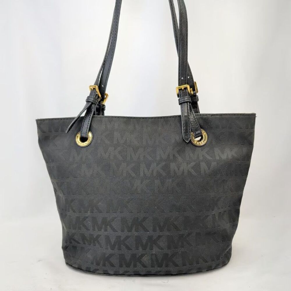 Michael Kors Jet Set Tote Shoulder Bag MK Logo Monogram Black Jacquard Gold Tone